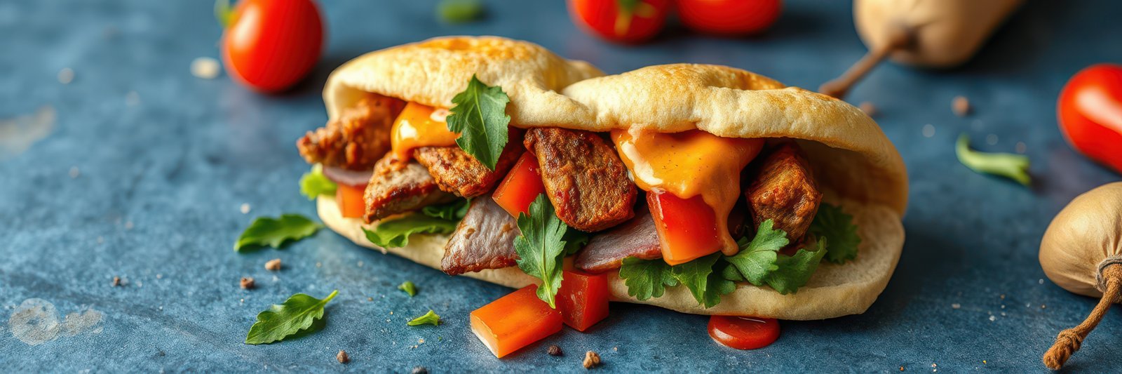 Delicious sandwich filled with grilled chicken, fresh vegetables, and tasty sauce on a blue background